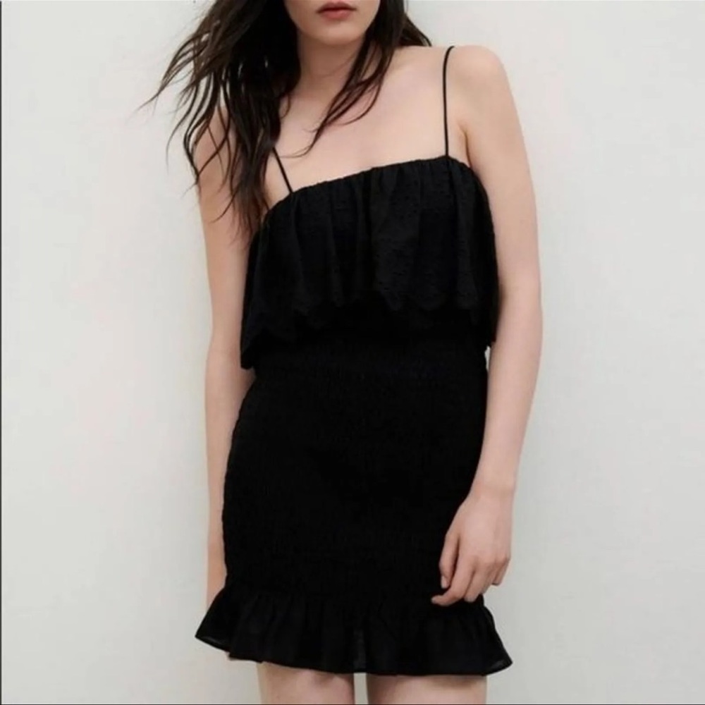 Zara Women's Black Eyelet Smocked Ruffle Mini Dress Short